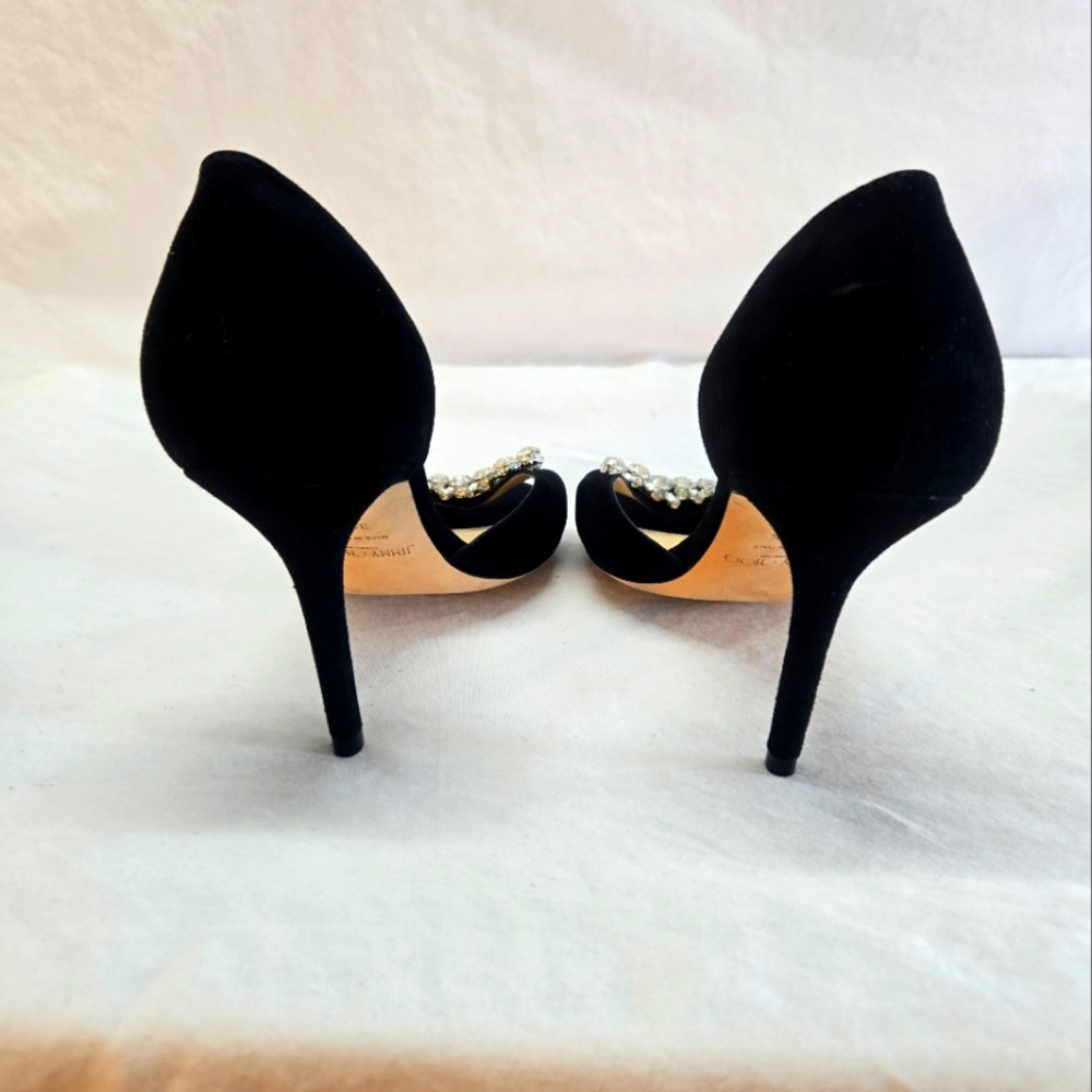 Jimmy Choo Women's 39.5 Black Suede Crystal Embellished Sandal Heels Pump New - Picture 6 of 11